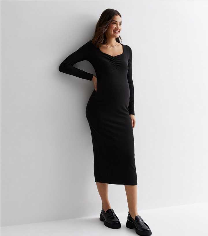 Black Ribbed Long Sleeve Midaxi Dress