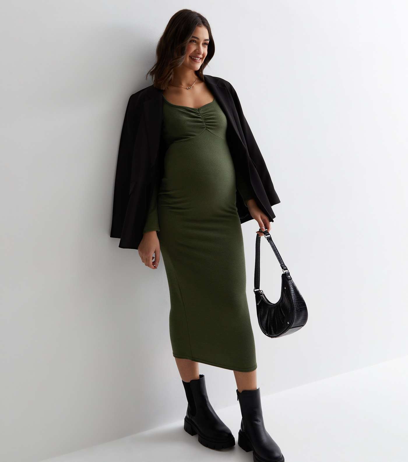 Maternity Khaki Ribbed Jersey Long Sleeve Midi Dress Image 3