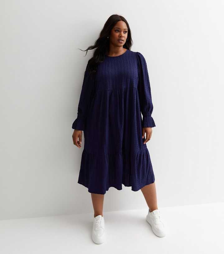 Curves Navy Textured Puff Sleeve Midi Dress