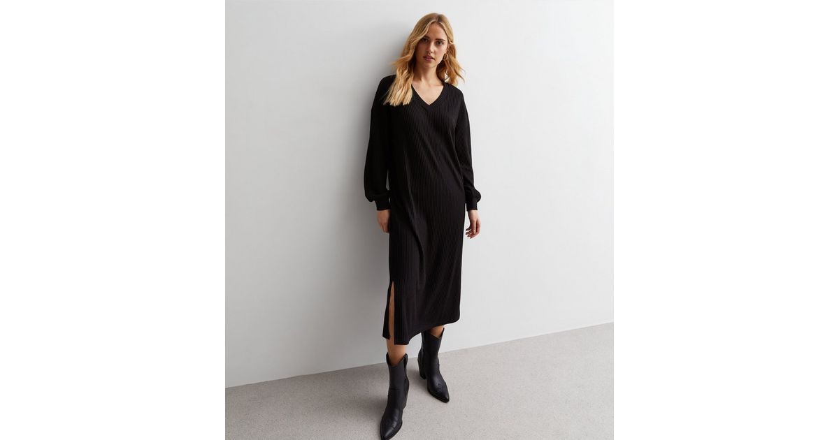 Black Ribbed Knit V Neck Midi Dress | New Look