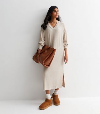 Stone Ribbed Knit V Neck Midi Dress | New Look