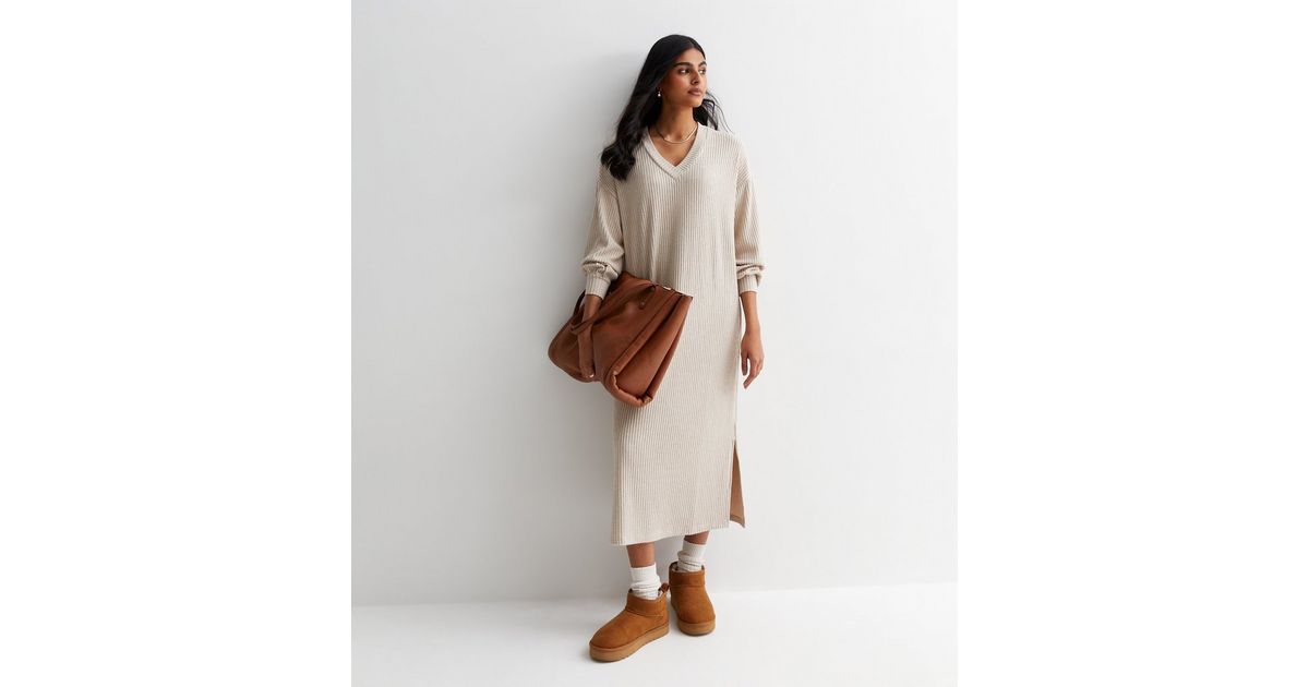 Ribbed Knit V-Neck Midi Dress Without Belt
