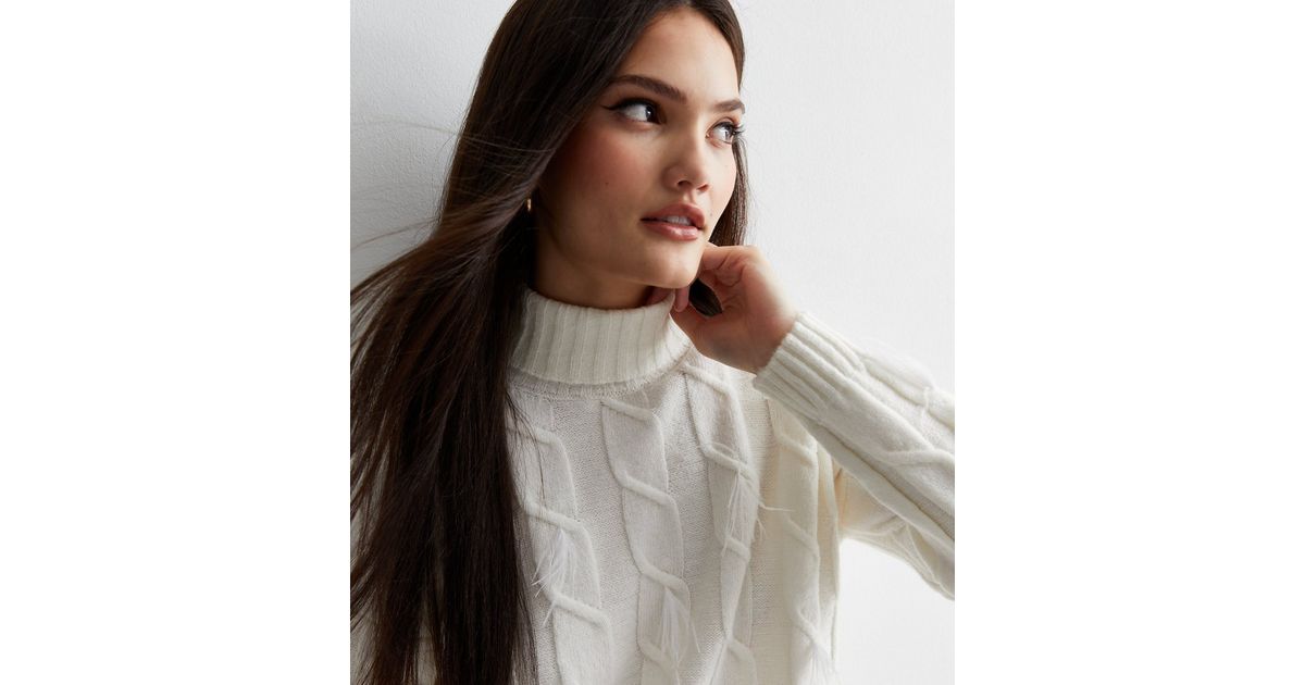 Cream Knit Roll Neck Fringe Jumper New Look