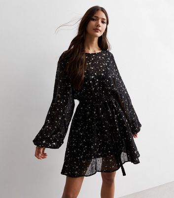 Gini London Black Star Print Puff Sleeve Mini Dress New Look