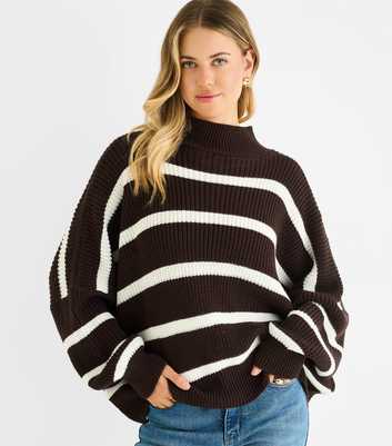 Gini London Chocolate Stripe Chunky Knit High Neck Jumper
