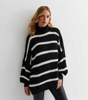 Gini London Black Stripe Chunky Knit High Neck Jumper