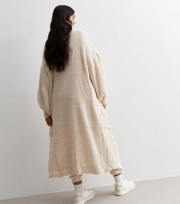 Gini London Cream Ribbed Knit Long Cardigan New Look