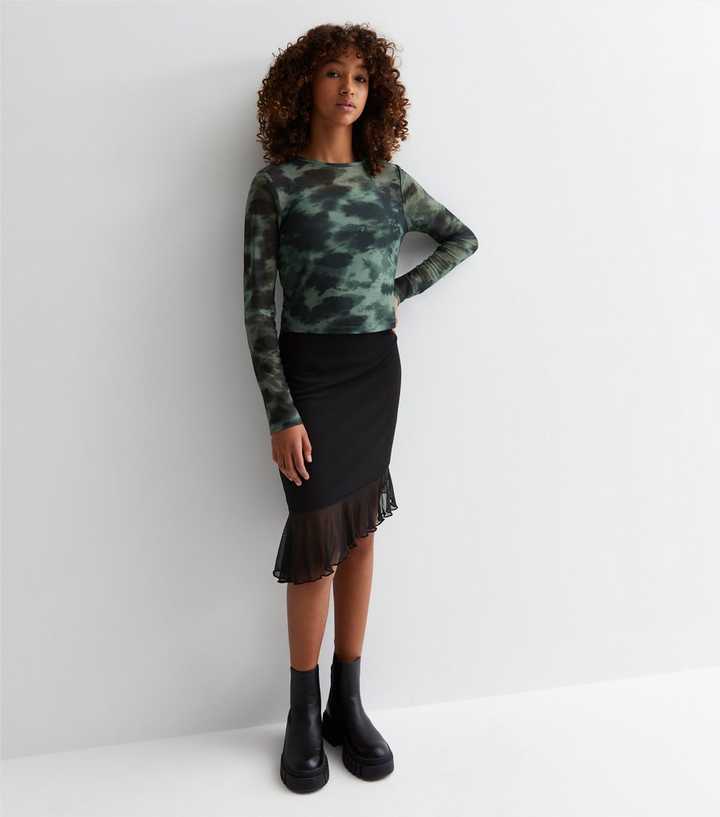 Girls Black Mesh Asymmetric Skirt