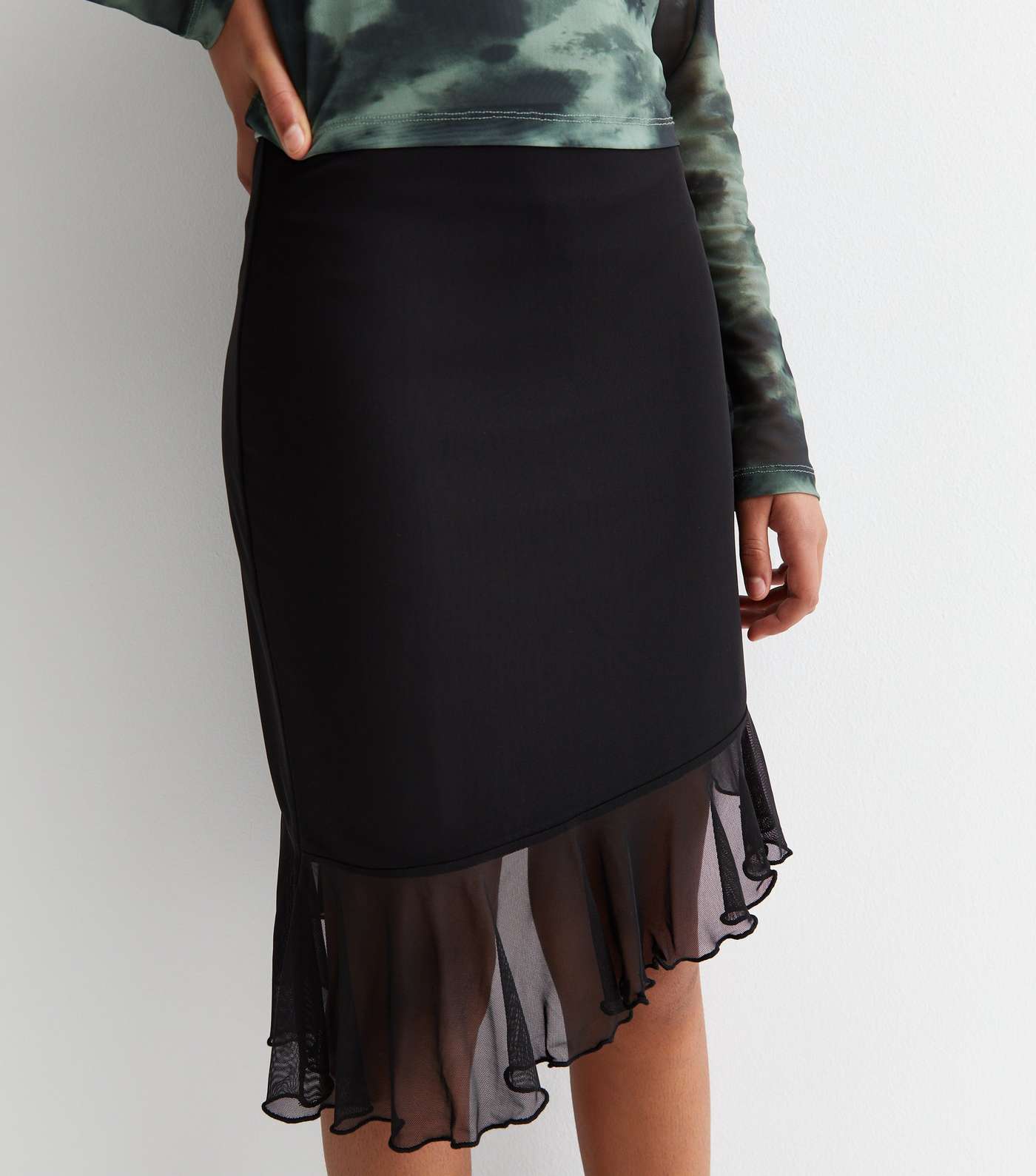 Girls Black Mesh Asymmetric Skirt Image 2