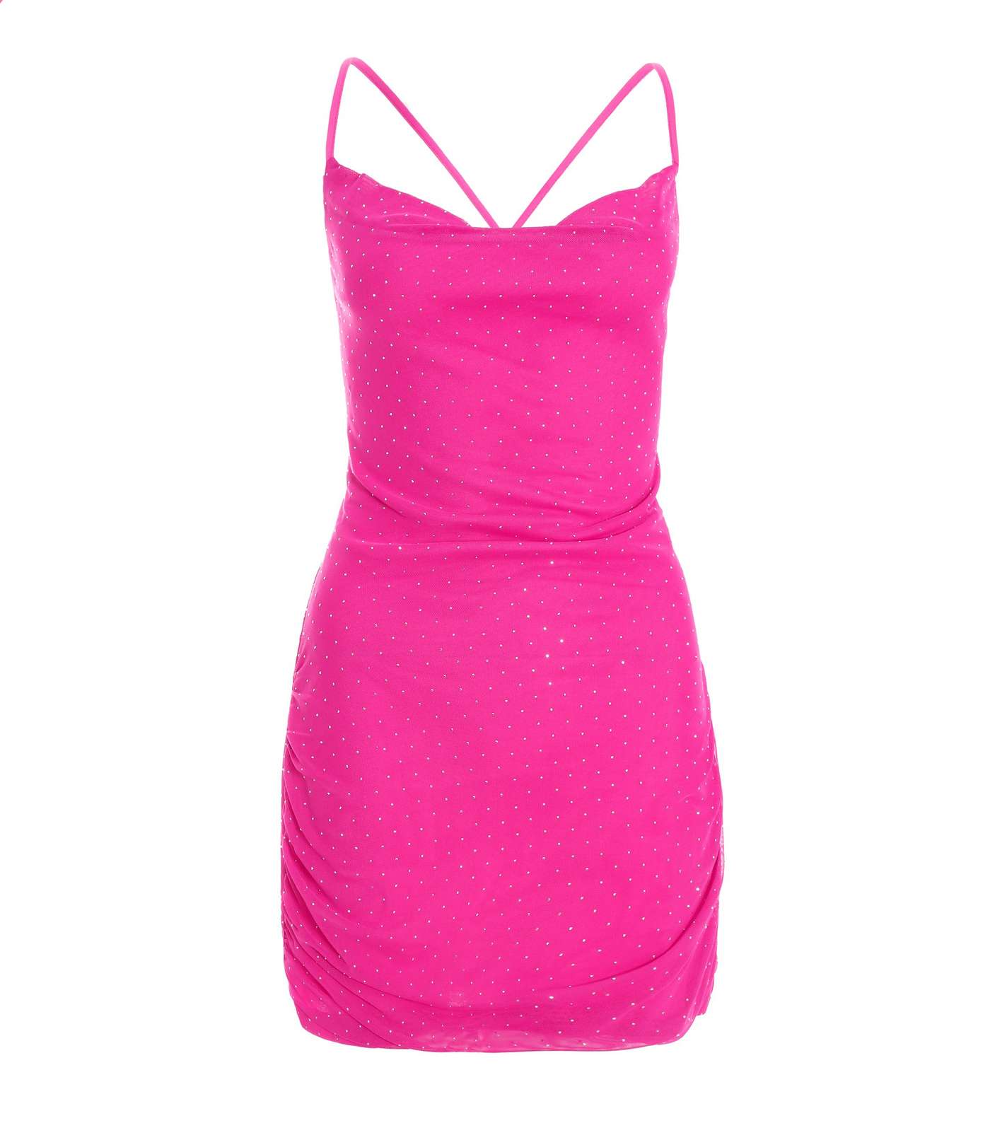 QUIZ Bright Pink Embellished Cowl Neck Bodycon Mini Dress Image 4