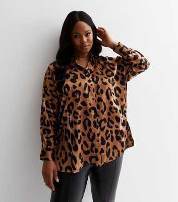 Curves Brown Satin Leopard Print Oversized Shirt