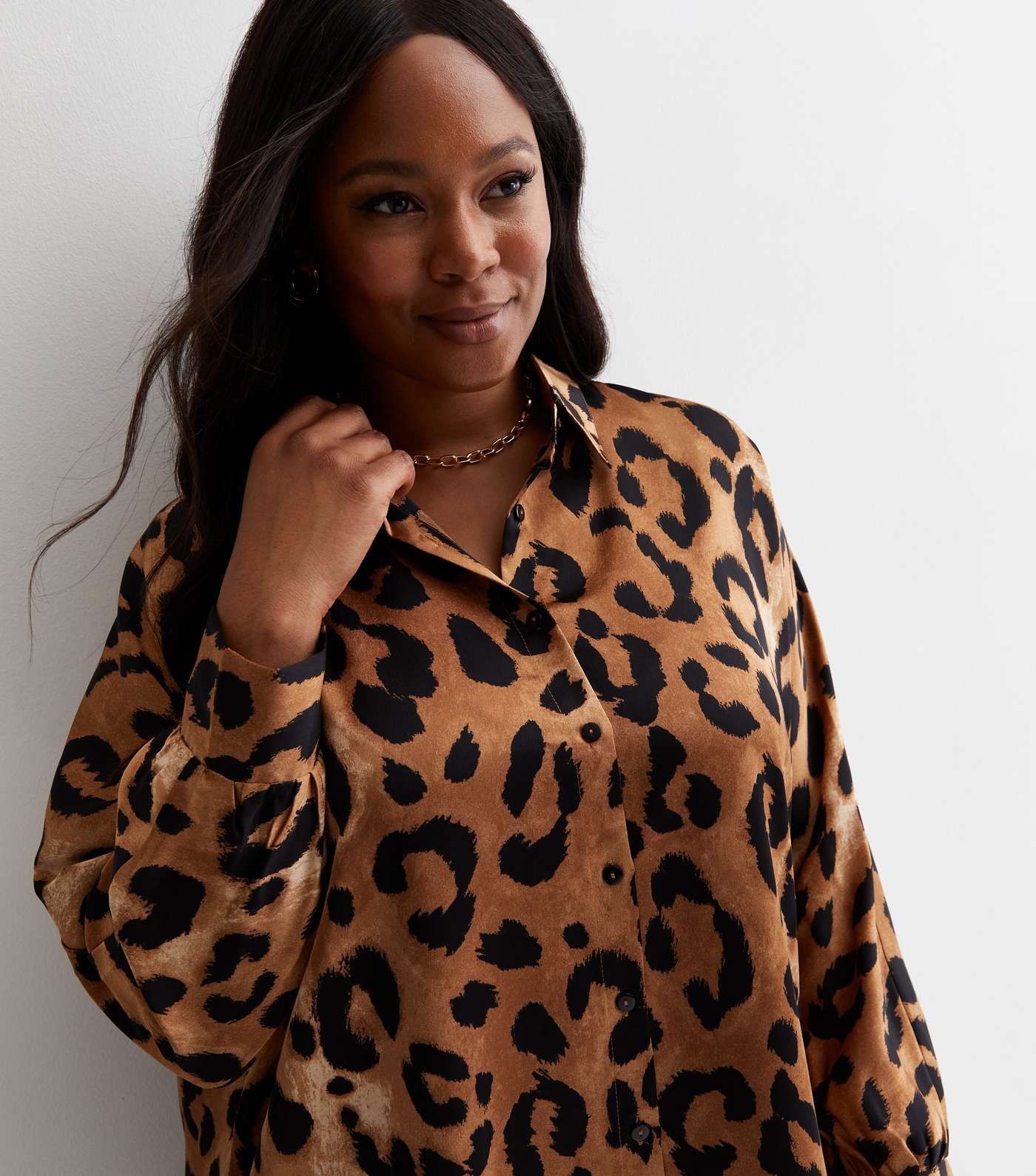 Curves Brown Satin Leopard Print Oversized Shirt Image 2