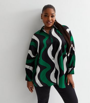 Curves Green Squiggle Print Satin Oversized Shirt New Look