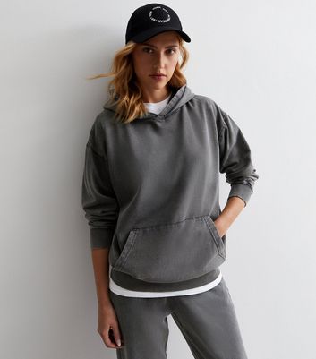 Dark Grey Acid Wash Hoodie | New Look