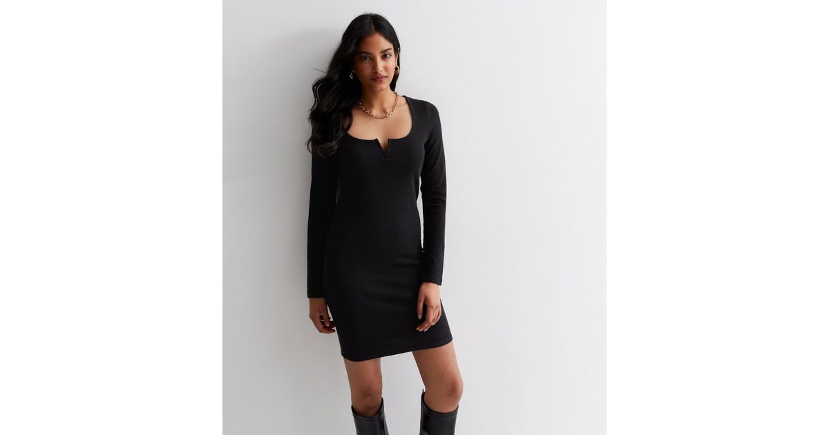 Black Ribbed Jersey Notch Neck Mini Dress | New Look