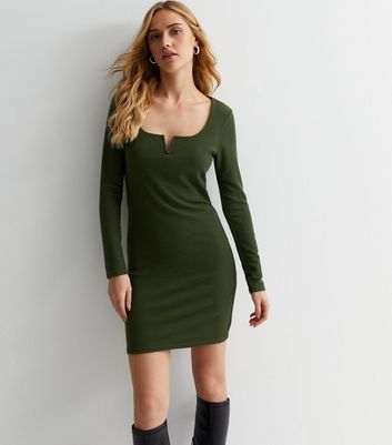 Khaki Ribbed Jersey Notch Neck Mini Dress | New Look