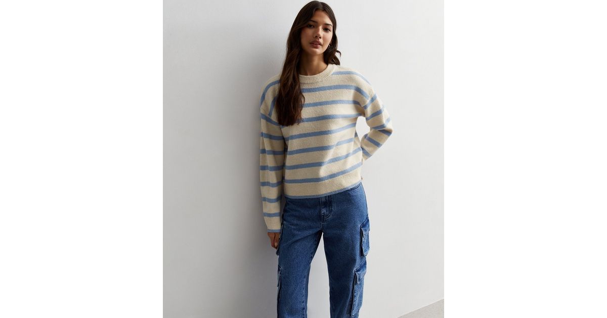 Blue Knit Stripe Crew Neck Jumper | New Look