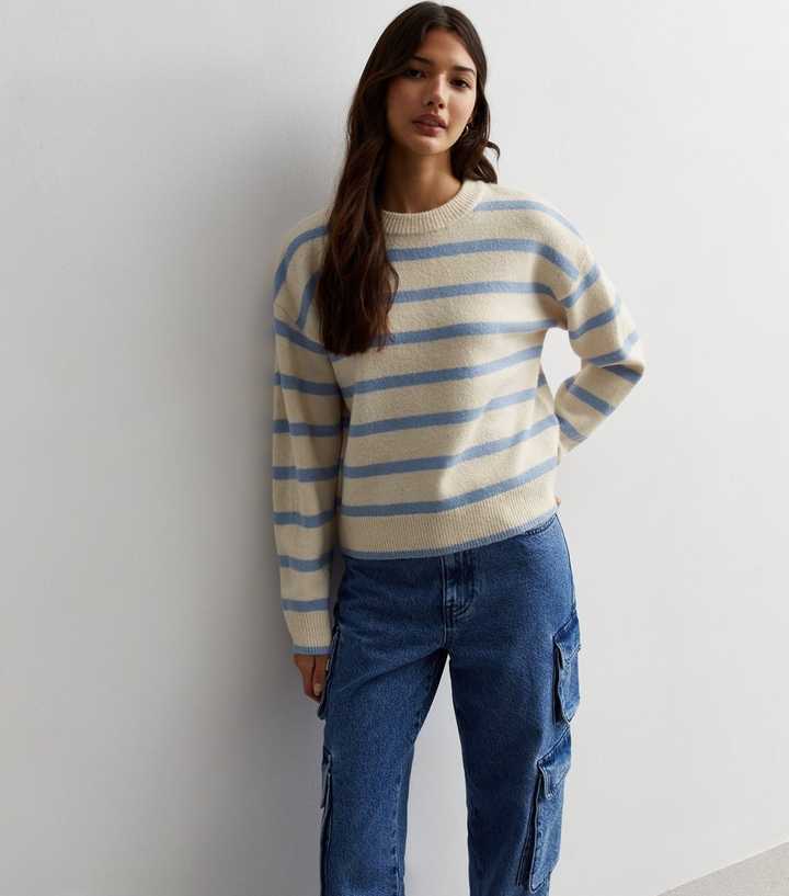 Blue Knit Stripe Crew Neck Jumper
