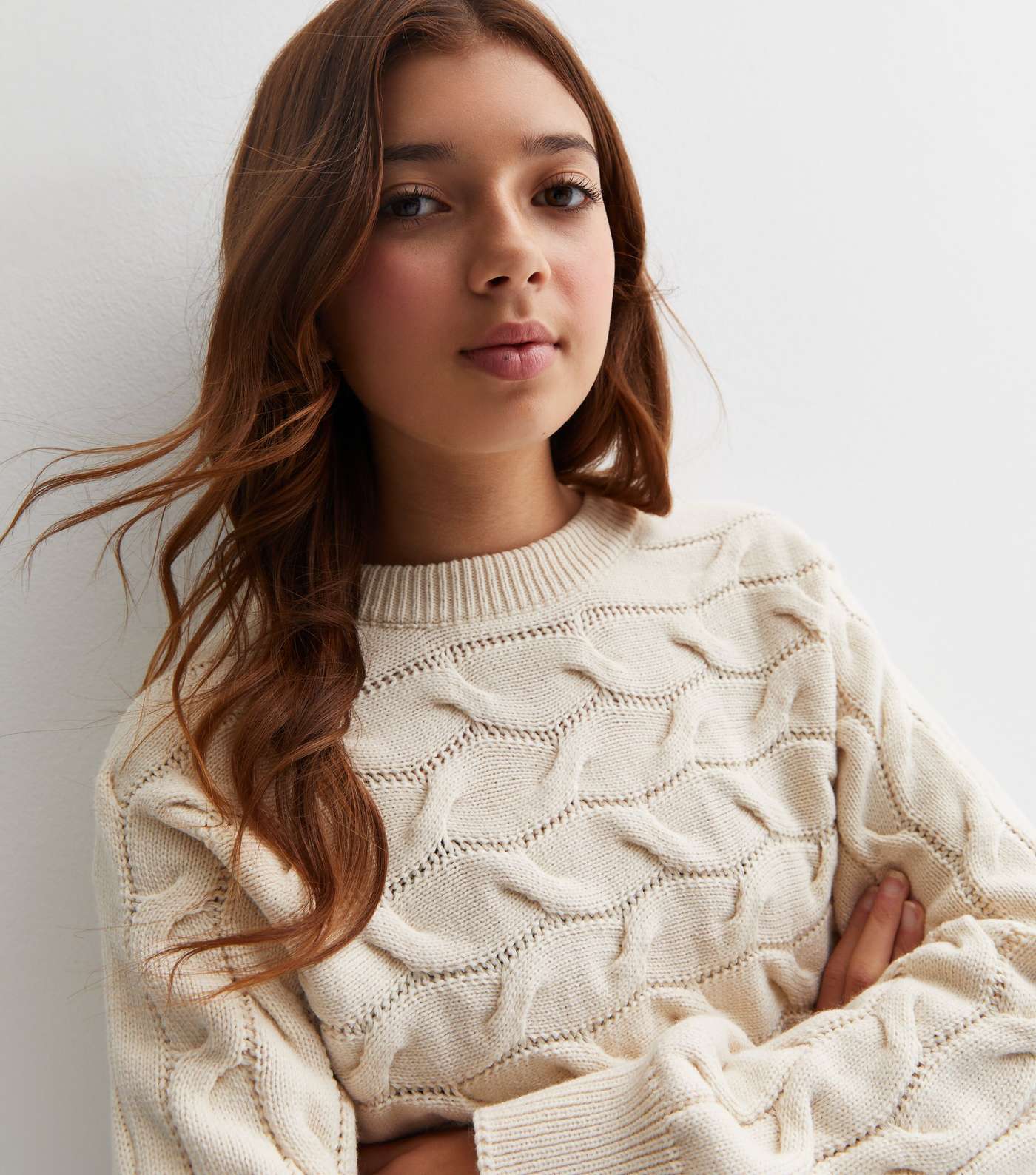 Girls Cream Cable Knit Crew Neck Jumper Image 2
