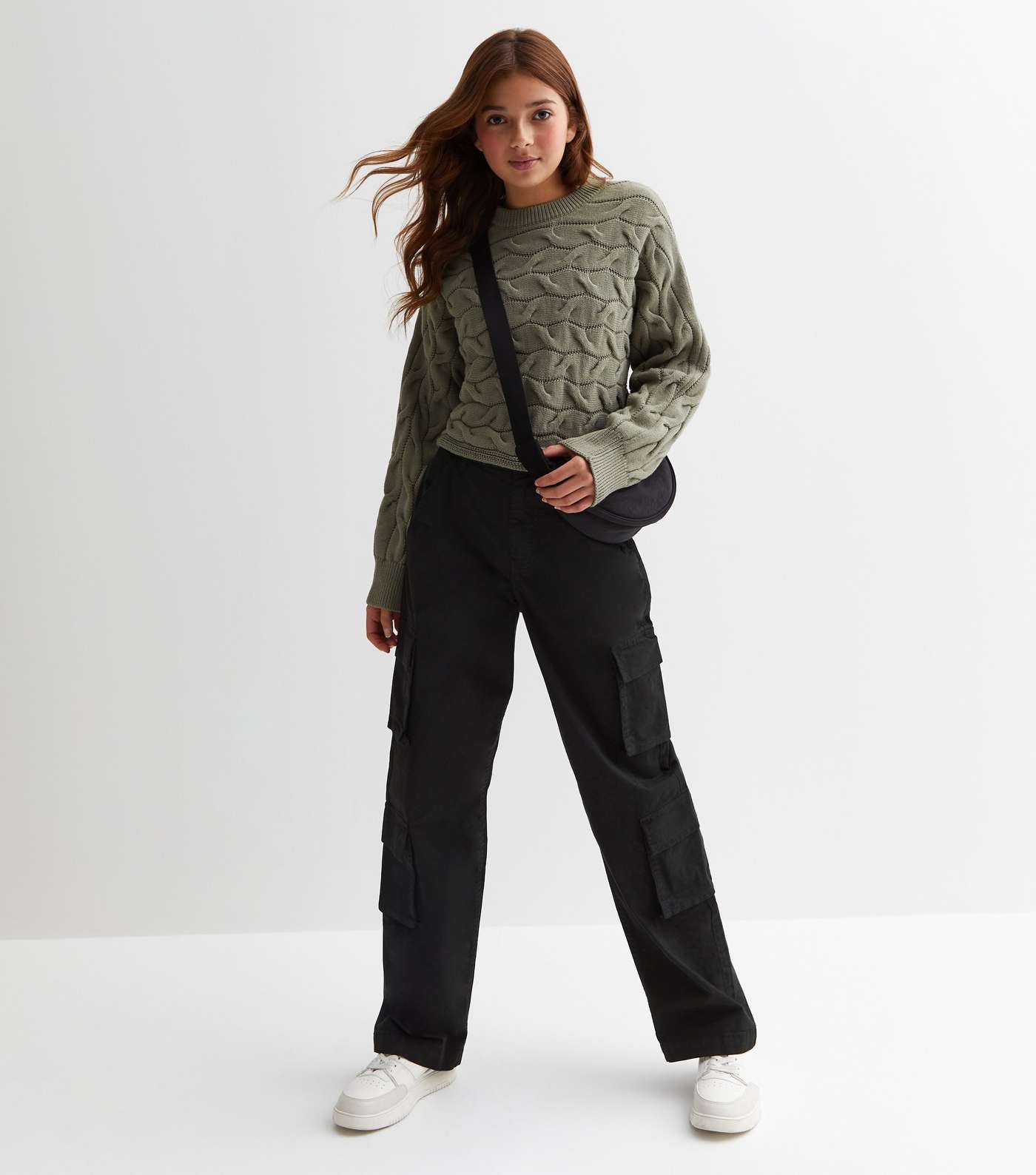 Girls Olive Cable Knit Crew Neck Jumper | New Look