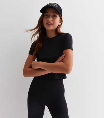 Girls Black Ribbed Crew Neck T-Shirt