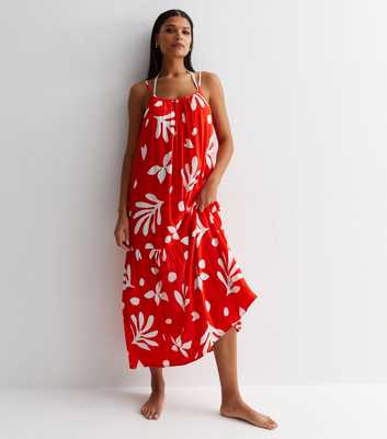 Red Floral Print Crinkle Maxi Beach Dress