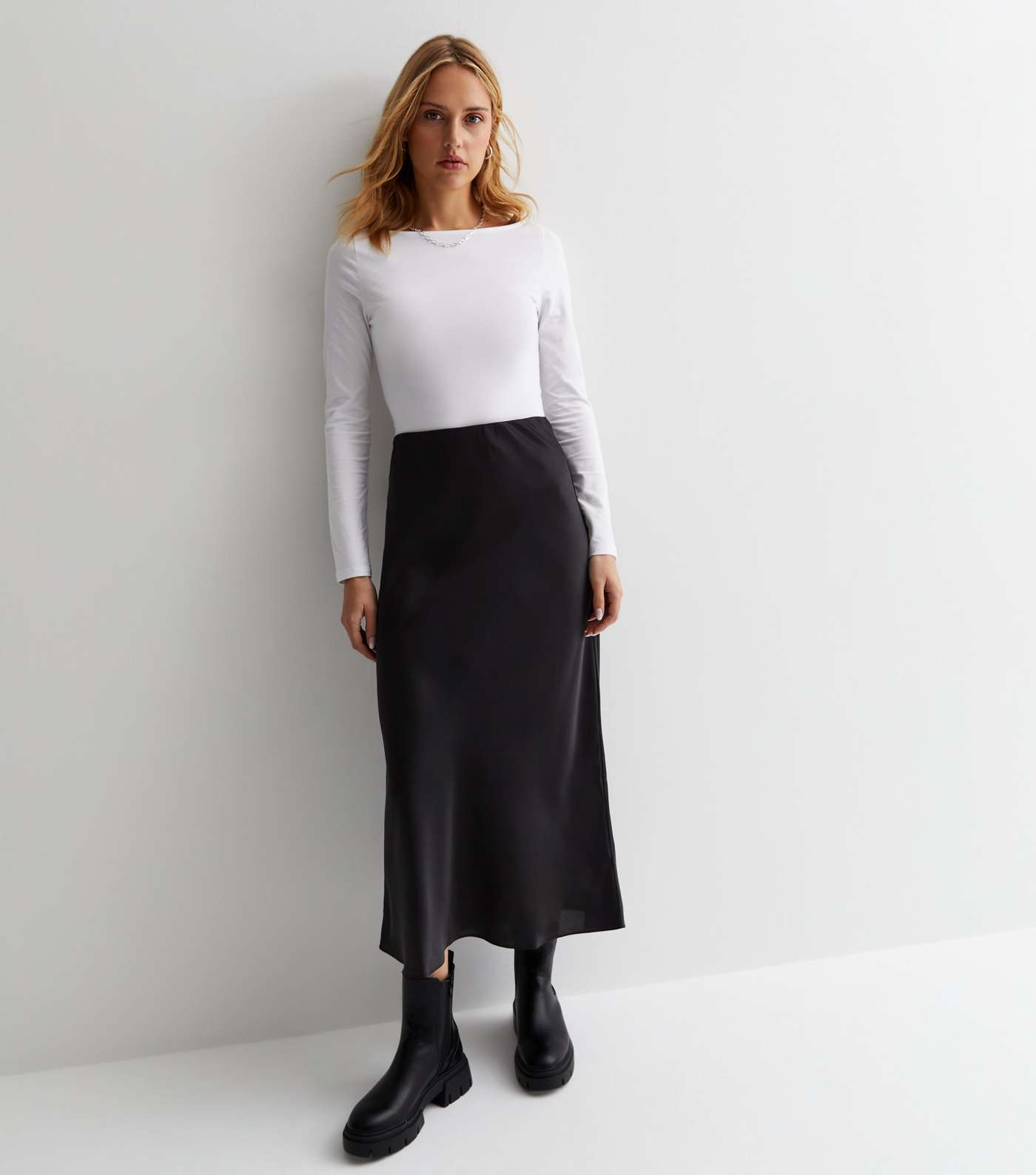 Black Satin Midi Skirt Image 3