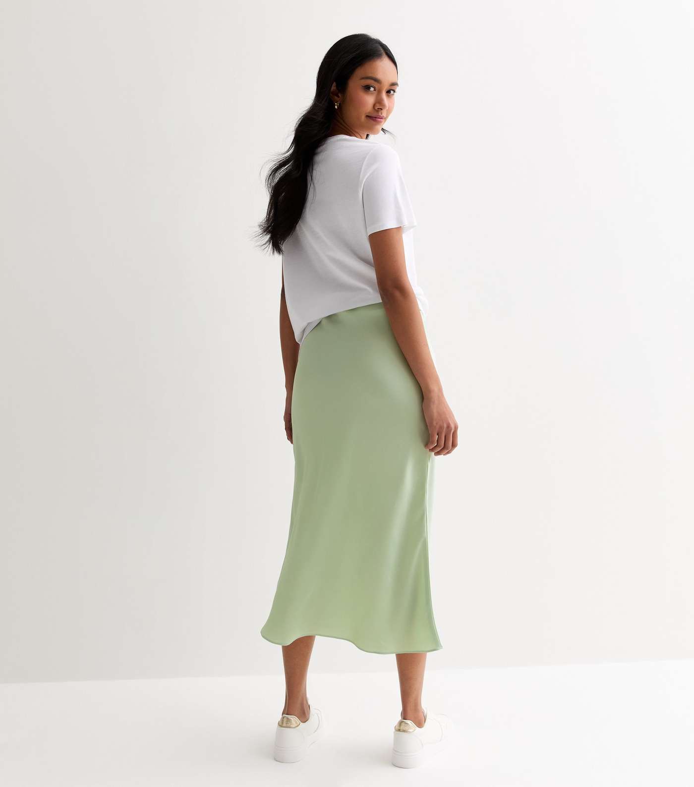 Light Green Satin Midi Skirt Image 4