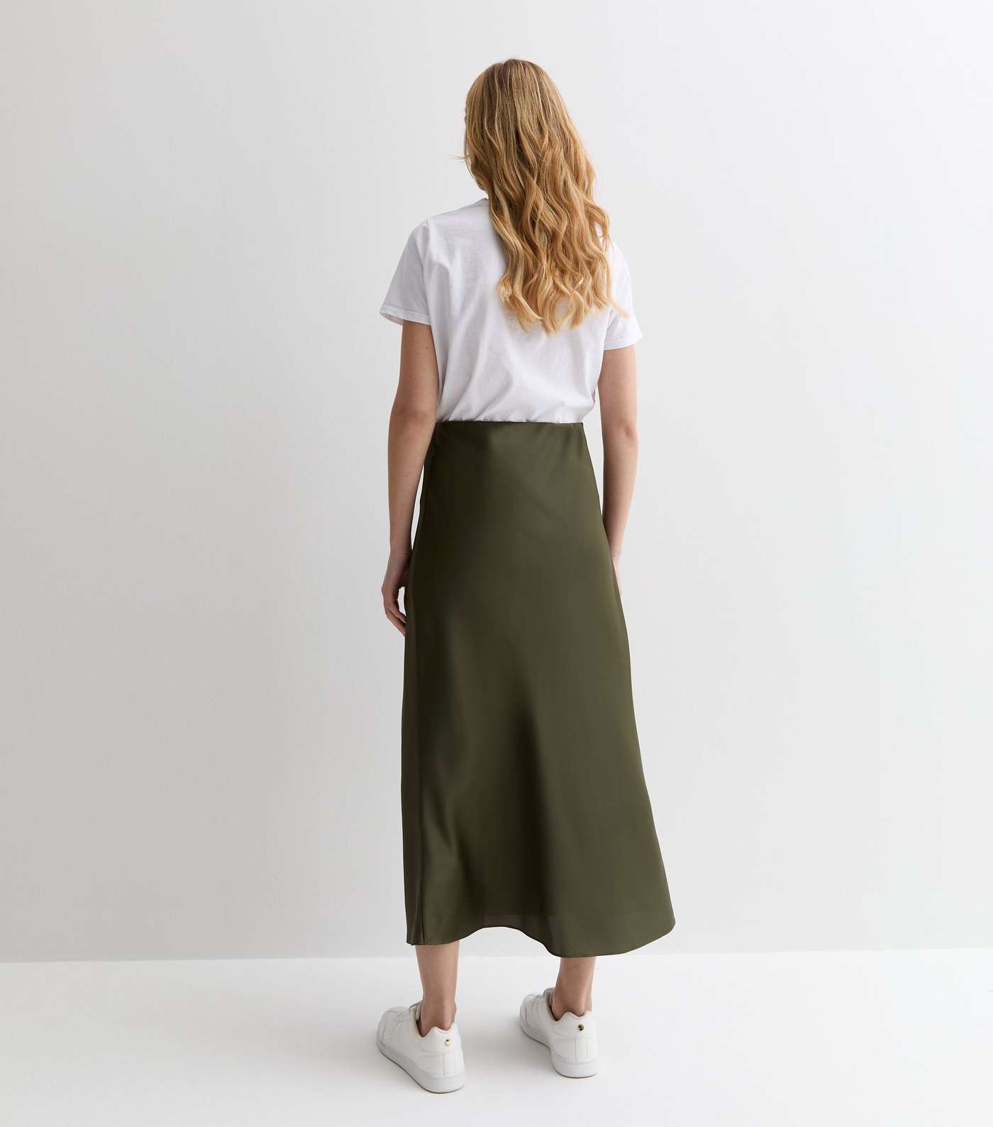 Olive Satin Midi Skirt Image 4