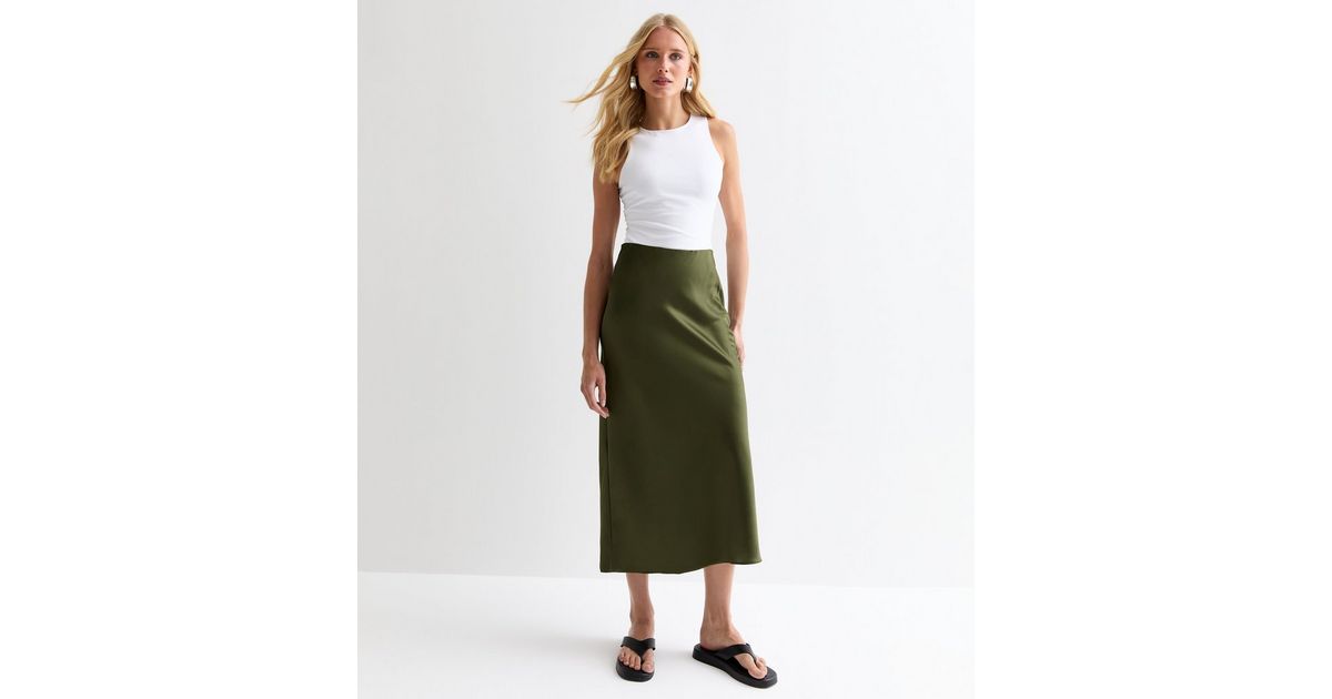 Portofino Slip On Midi Skirt - Light Khaki Multi
