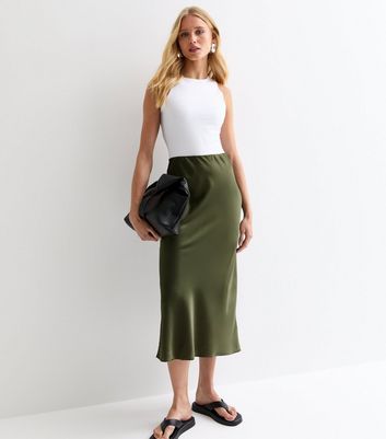 Khaki Satin Midi Skirt New Look