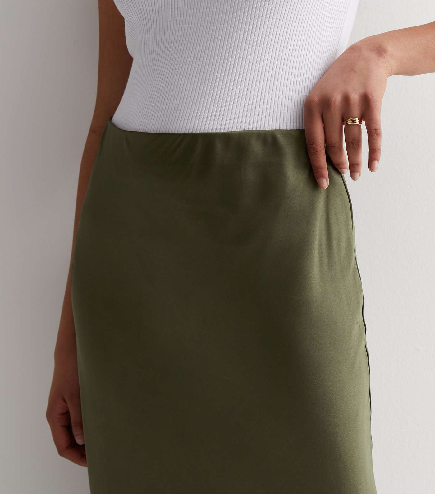 Khaki Satin Midi Skirt Image 3