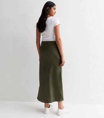 Khaki Satin Midi Skirt New Look