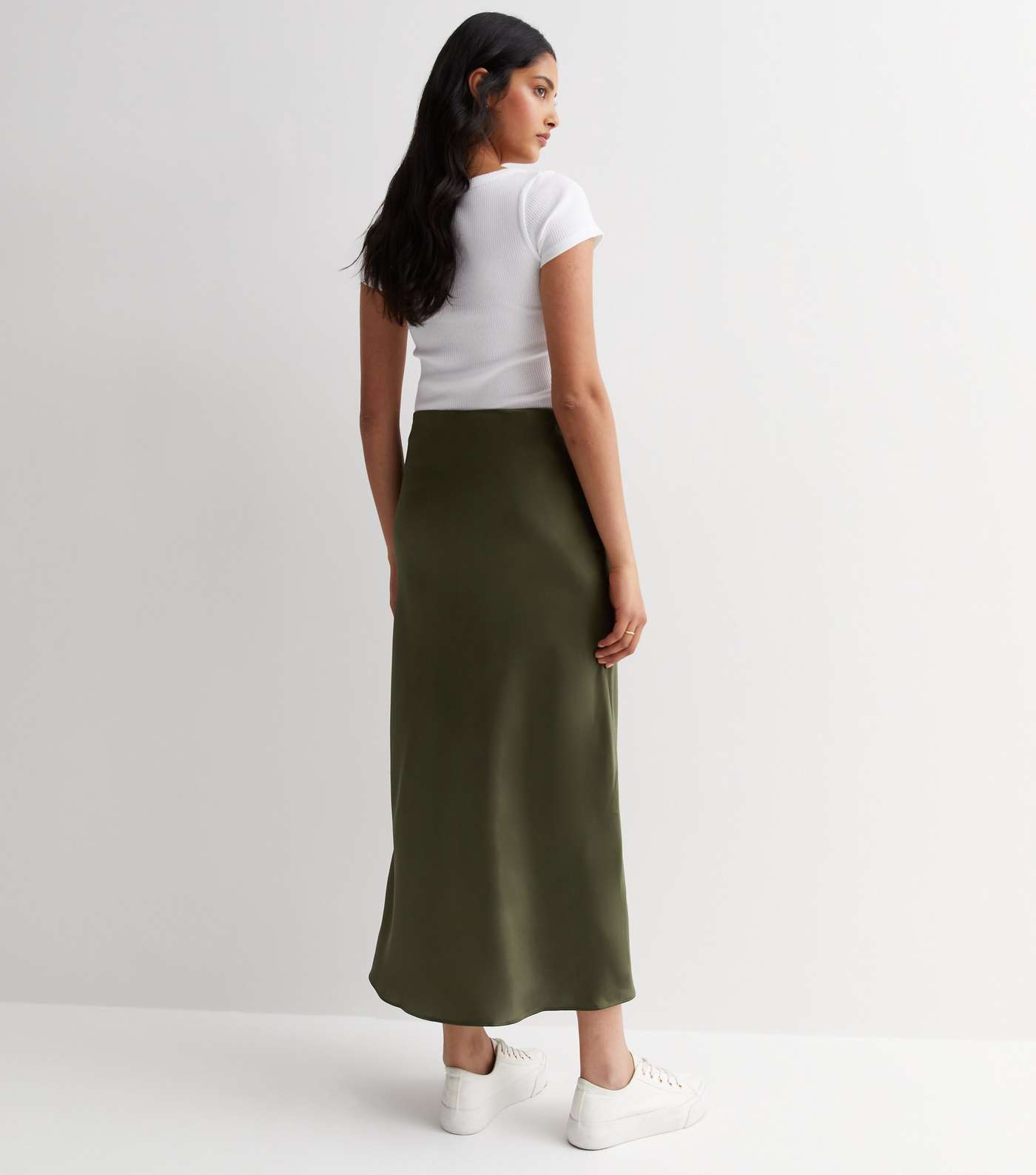 Khaki Satin Midi Skirt Image 5