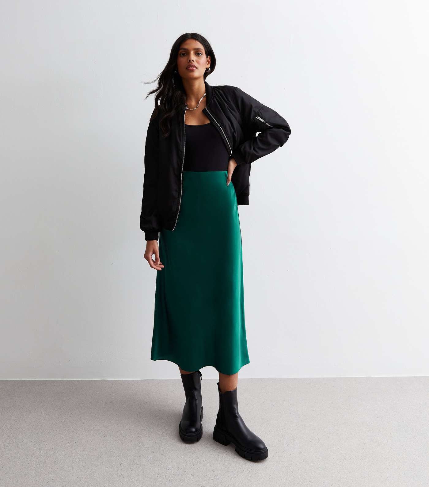Dark Green Satin Midi Skirt