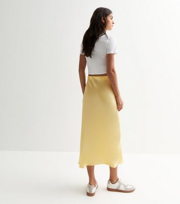 Pale Yellow Satin Midi Skirt New Look