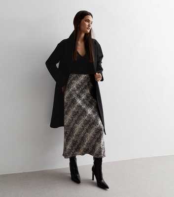 Light Grey Snake Print Satin Bias Cut Midi Skirt