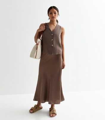 Petite Brown Satin Bias Cut Midi Skirt