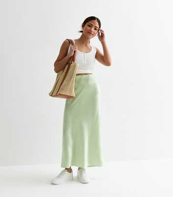 Petite Light Green Satin Bias Cut Midi Skirt