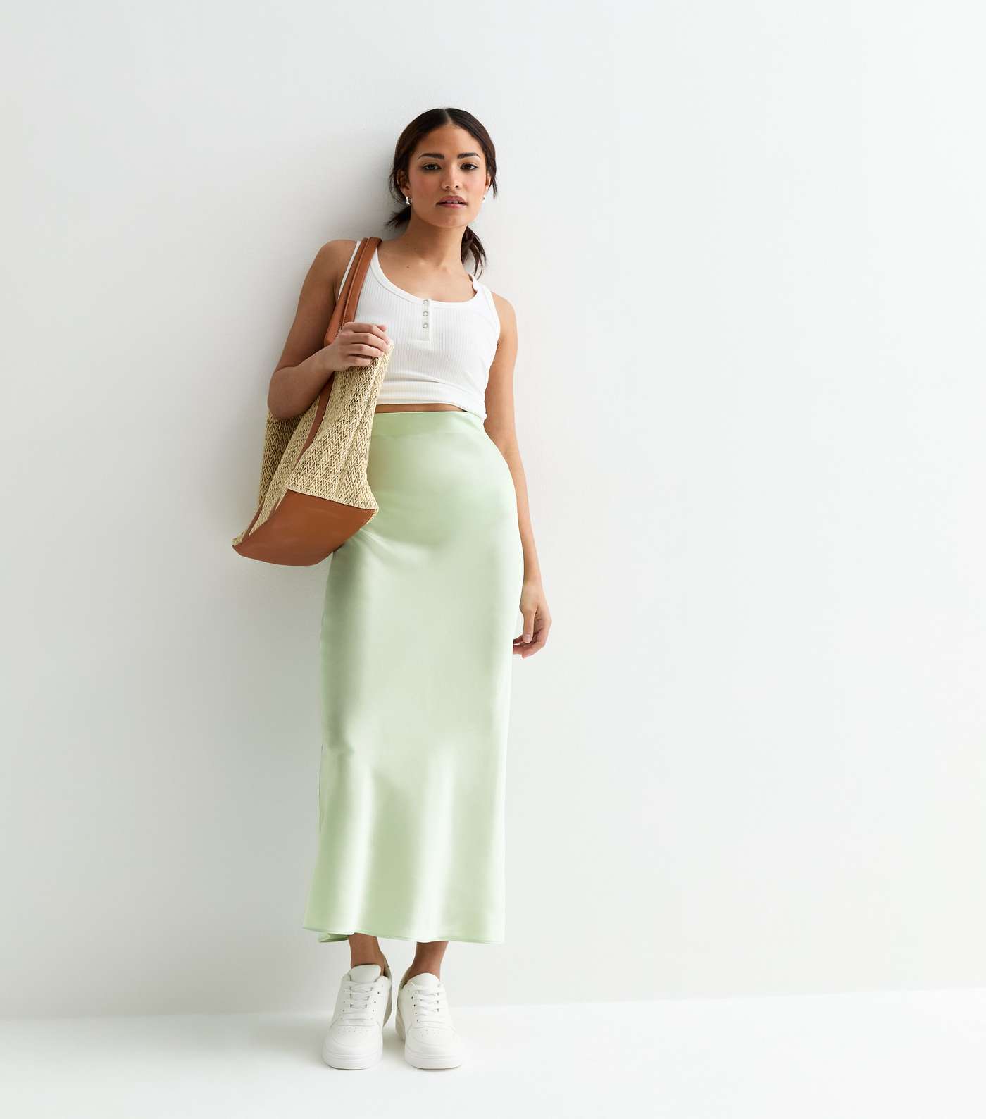 Petite Light Green Satin Bias Cut Midi Skirt Image 3
