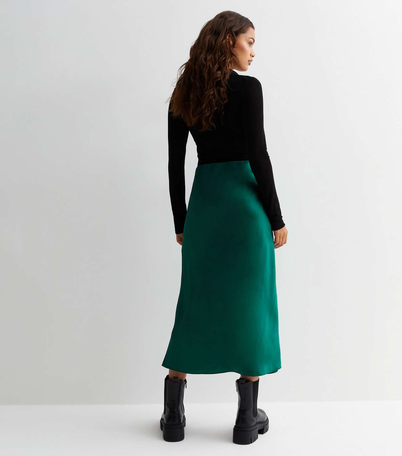Petite Dark Green Satin Bias Cut Midi Skirt Image 4