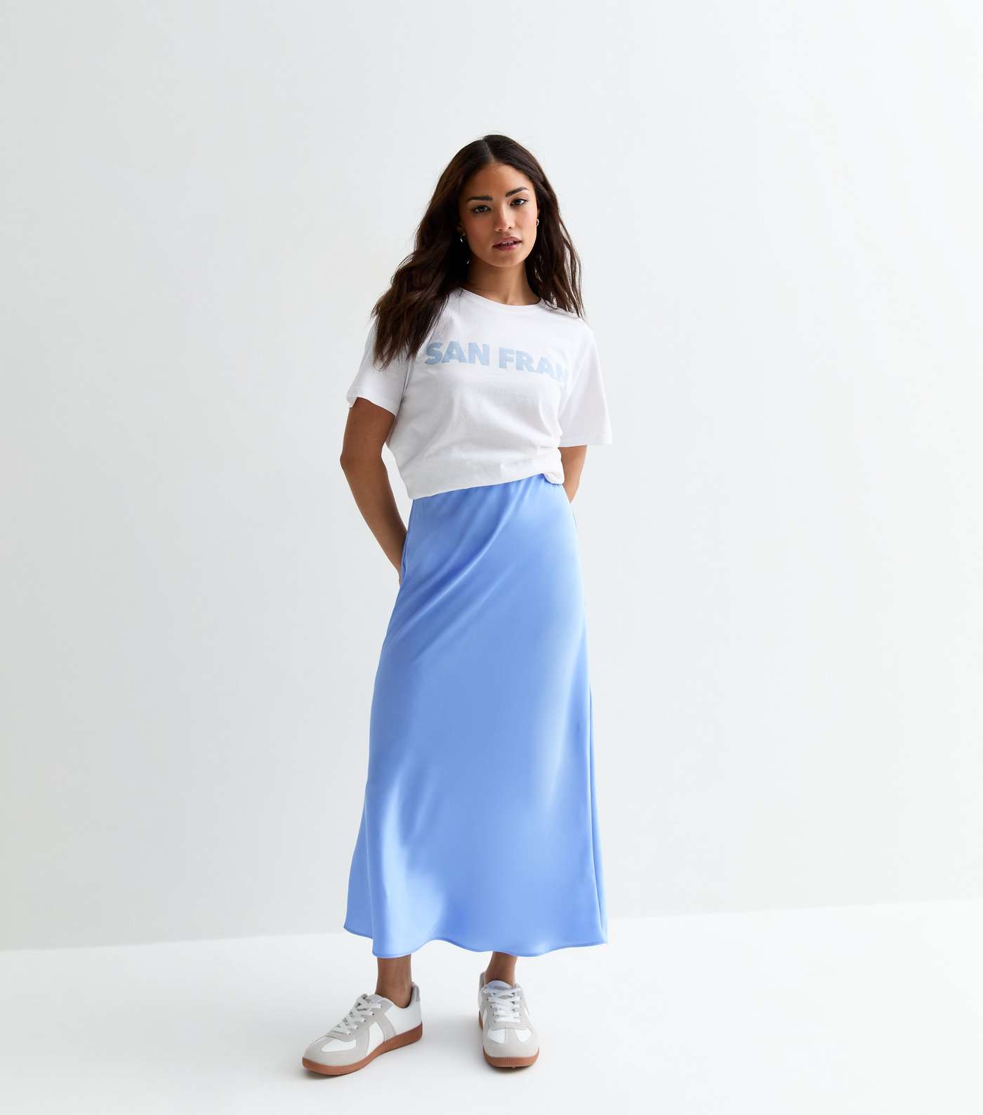 Petite Pale Blue Satin Bias Cut Midi Skirt Image 3