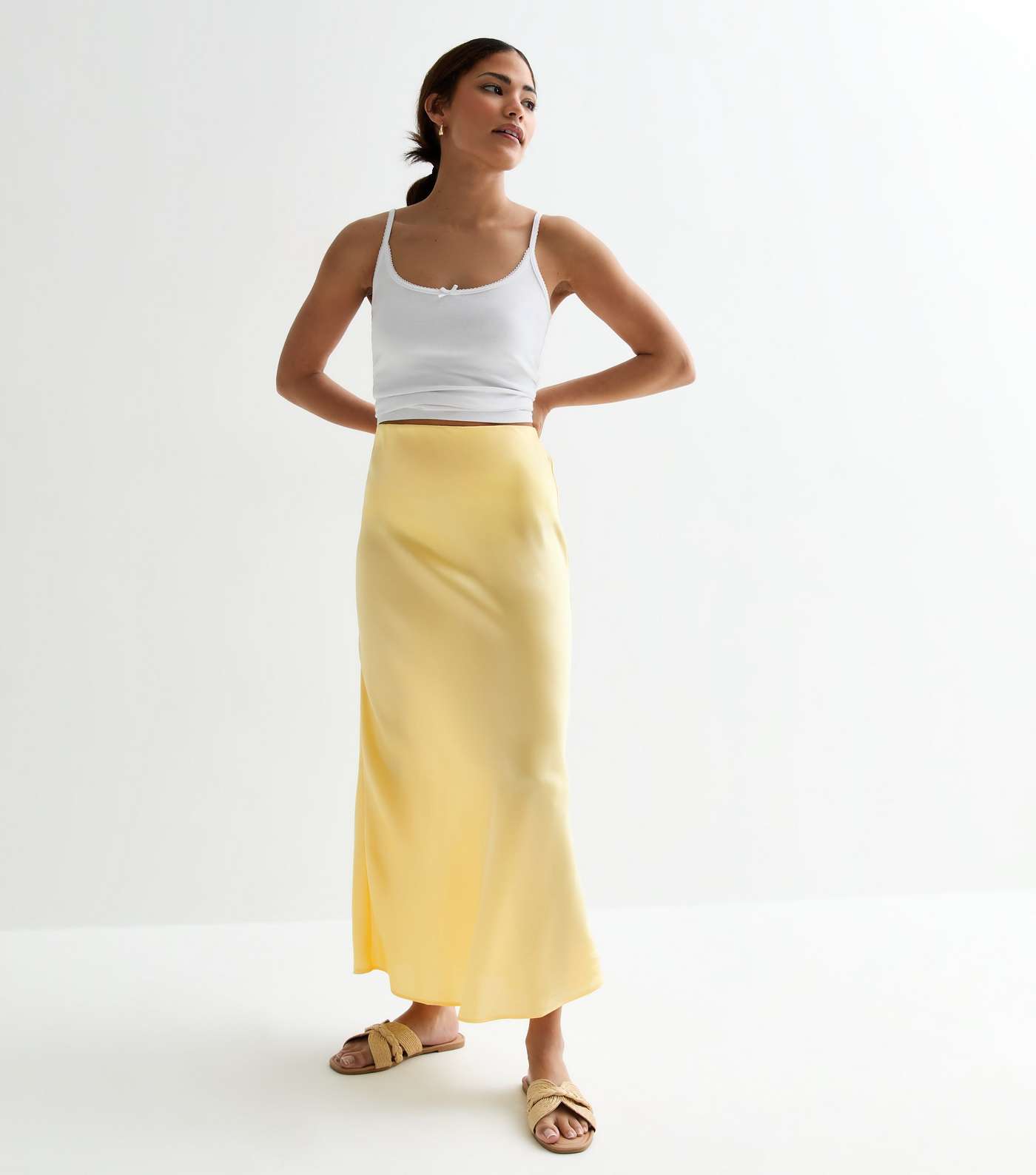 Petite Pale Yellow Satin Bias Cut Midi Skirt Image 2