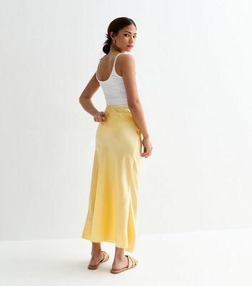 Petite Pale Yellow Satin Bias Cut Midi Skirt New Look