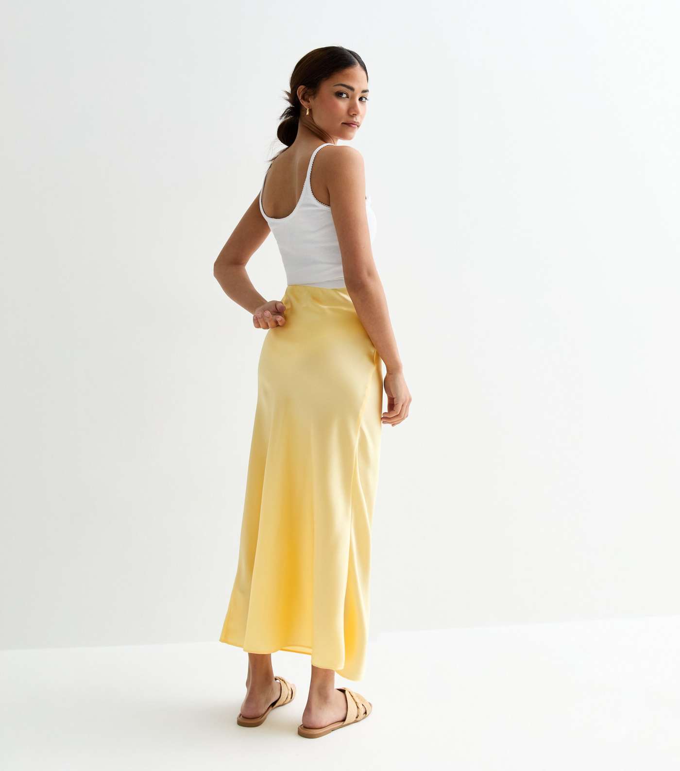 Petite Pale Yellow Satin Bias Cut Midi Skirt Image 4