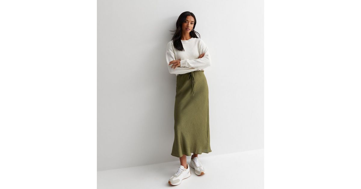 Petite Khaki Textured Satin Tie Waist Midaxi Skirt | New Look