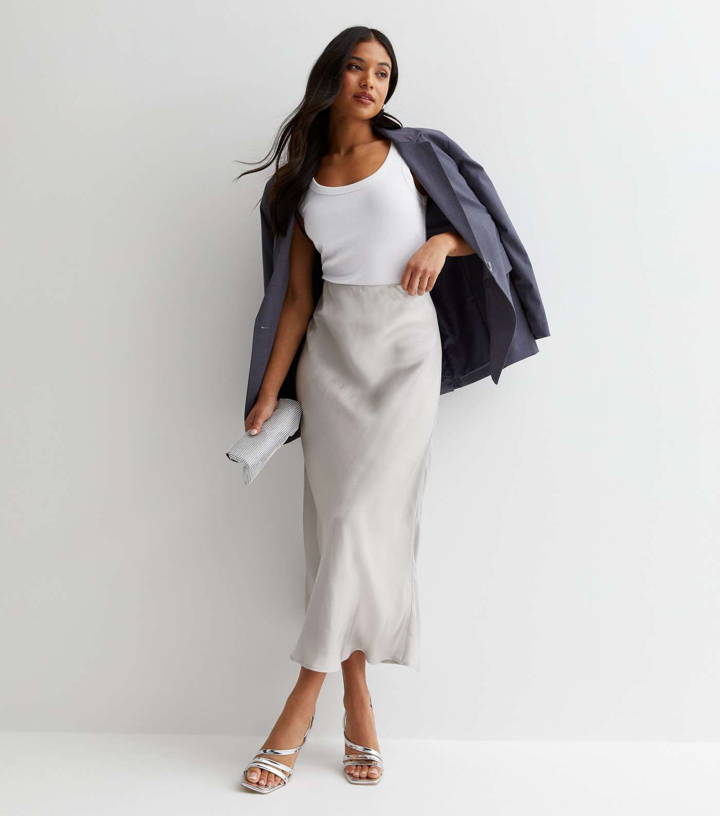 Petite Silver Satin Midaxi Skirt Image 3