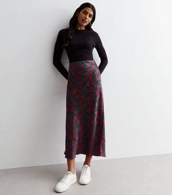 New look rose floral midi skirt in black best sale