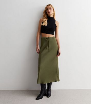 Khaki Textured Satin Tie Waist Midi Skirt New Look