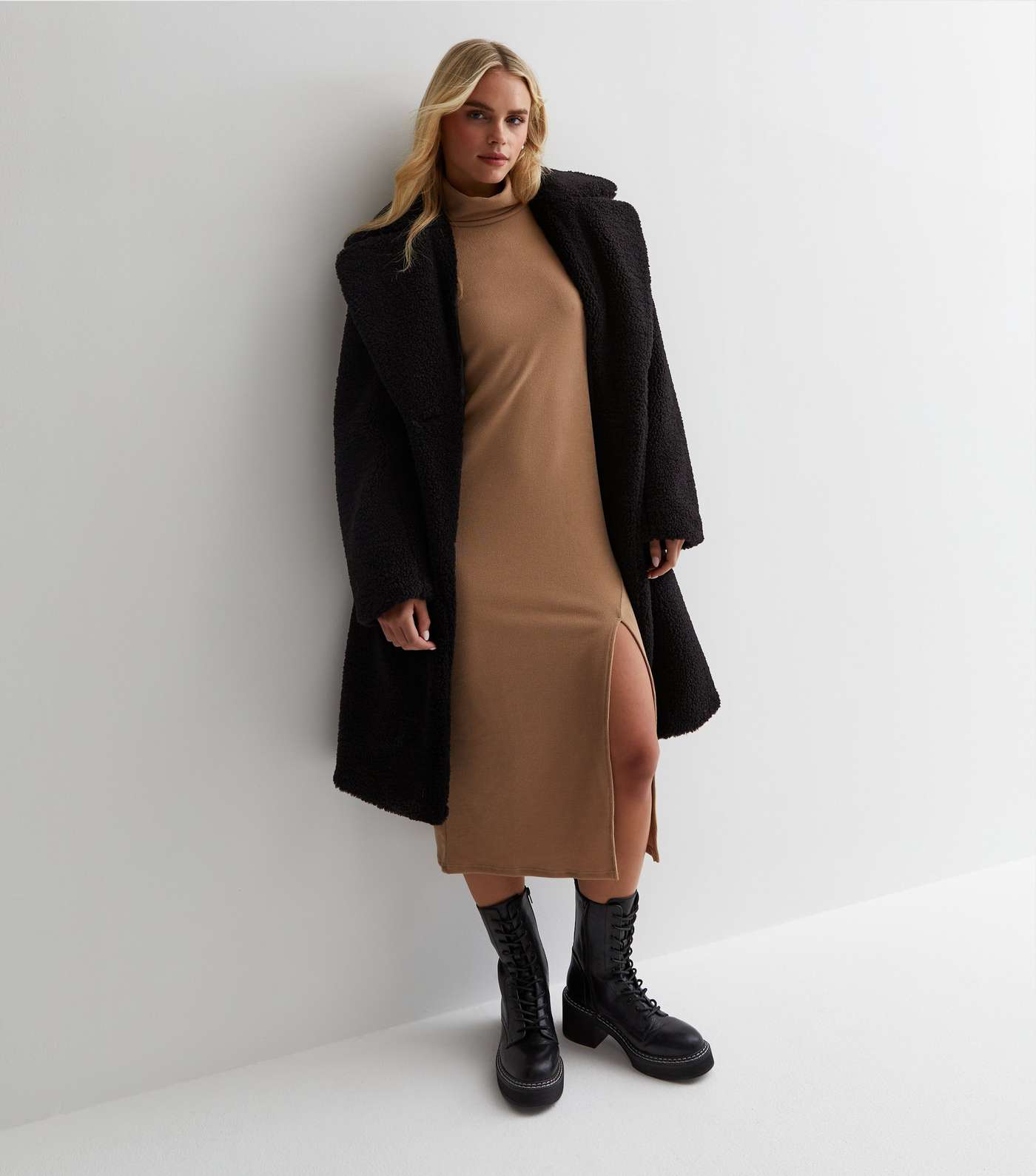 Petite Camel Ribbed Roll Neck Midaxi Dress Image 3